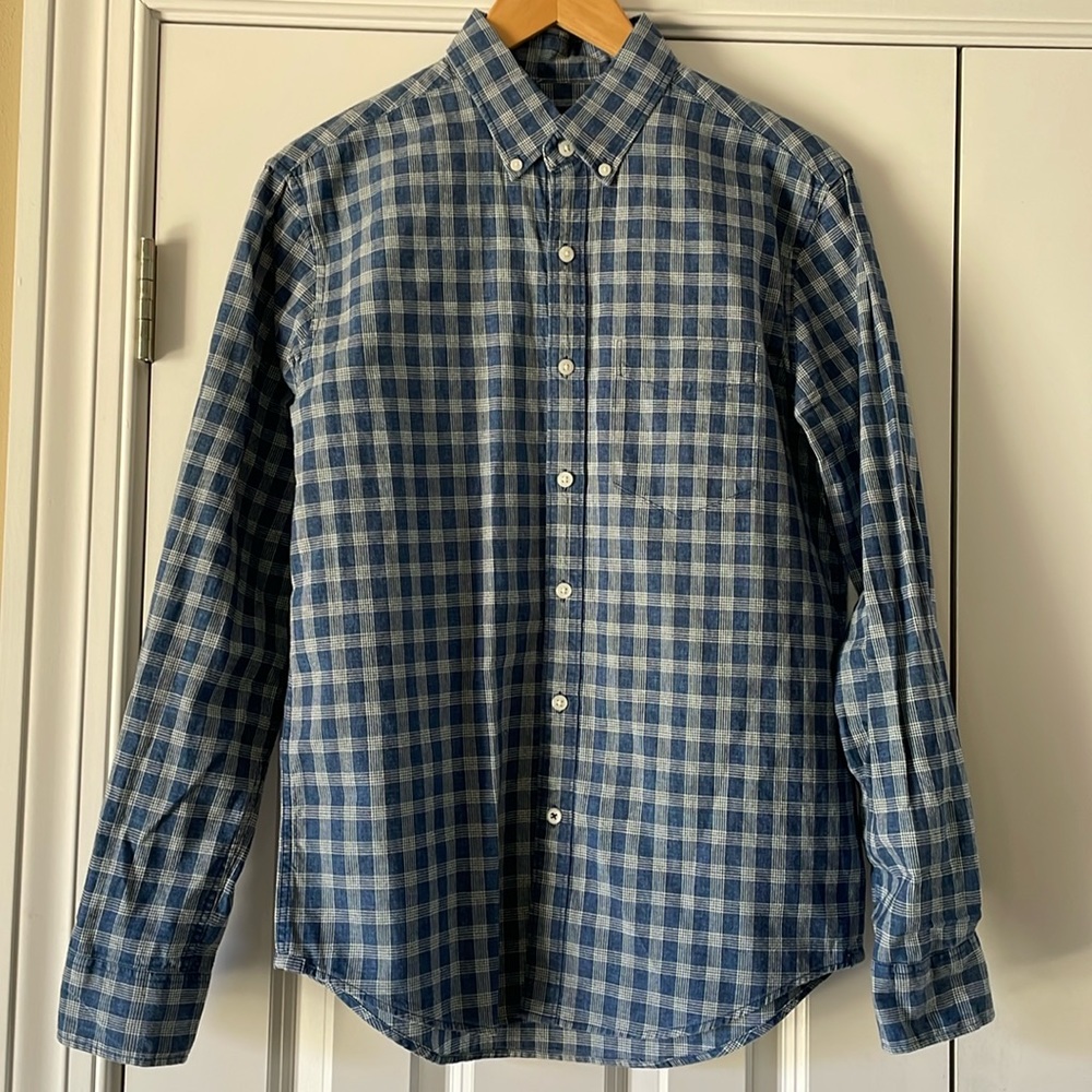 American Eagle Denim and Cream Plaid Shirt